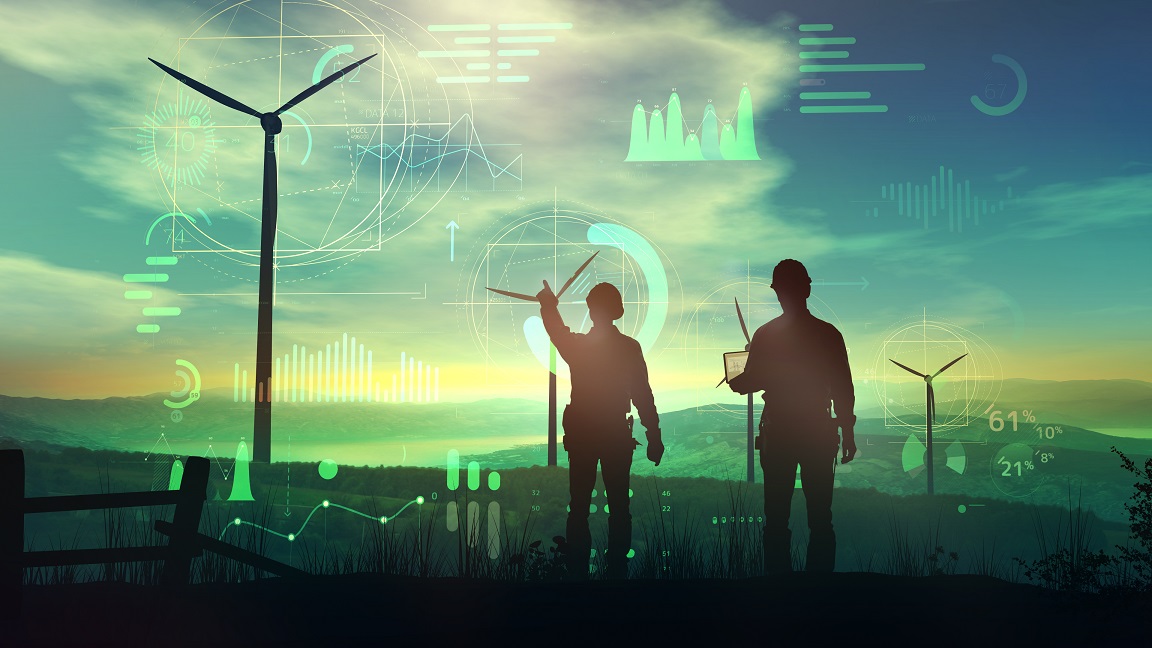 Engineers look at wind turbines and virtual data